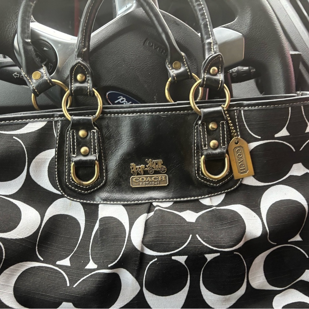 Coach Black & White Signature Tote with Gold Hardware